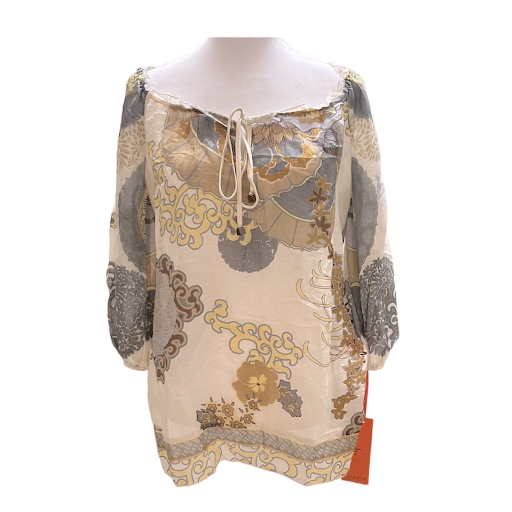 Hale Bob Cabana Tunic Silk Blouse Neutral Beige Bohemian NEW